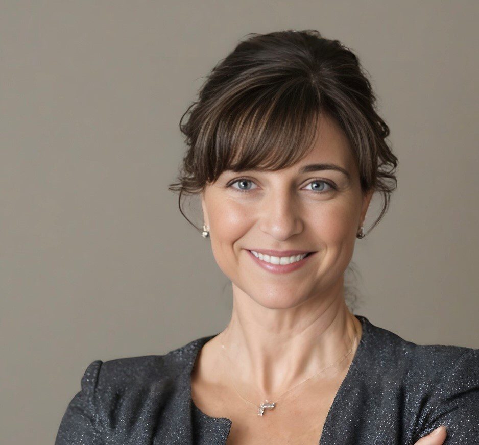 Portrait of Cate Hollowitsch, a professional woman with brown hair styled in an updo and side-swept bangs, smiling confidently. She is wearing a dark blazer and a delicate necklace, posed in front of a neutral gray background.